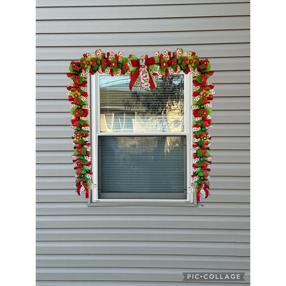 Grinch Christmas Garland Handmade, Red Green Holiday Mesh Ribbon Garland + Bows - Picture 3 of 10